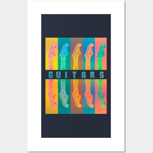 Halves of guitars in retro style. I love Rock/Roll. Guitar neck in a row in pastel colors. Posters and Art